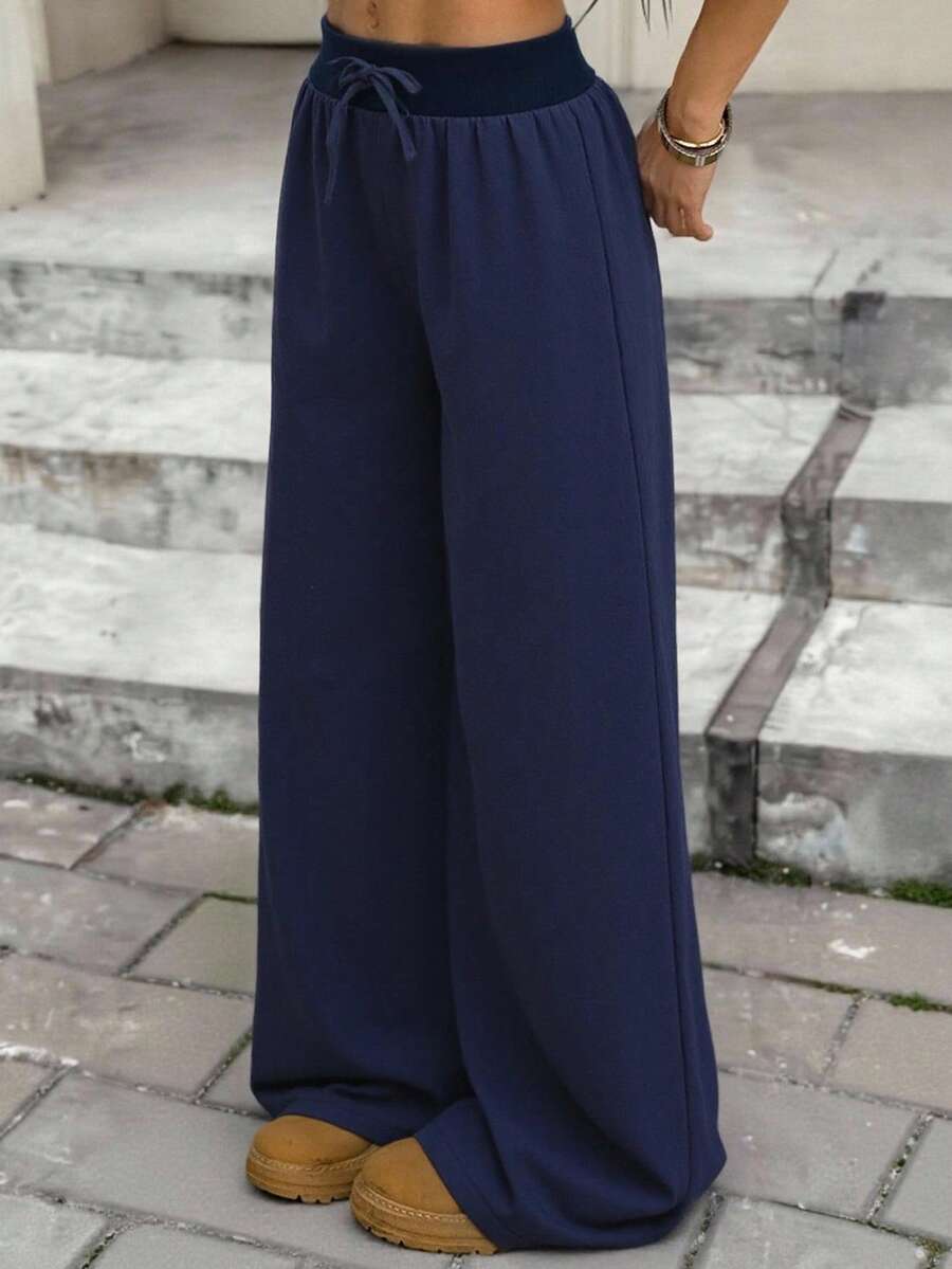 SHEIN Tween Girls Daily Wear Outfits Casual Basic 100%Cotton Elastic Waistband White Pants, Wide Leg Pants, Back To School Navy Blue Pants Navy Blue Wide-Leg Pants Loose Pants Navy Pants