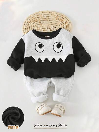 Cozy Pixies 2pcs Baby Boy Cartoon Funny Expression Halloween Patchwork Contrast Color Crew Neck Long Sleeve Hoodie Sweatshirt And Elastic Waist Pants Set Fall Winter