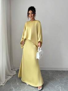 Selianne 2 st elegant set med enfärgad topp och extra lång kjol med fladdermusärm - Gul - Visa 6