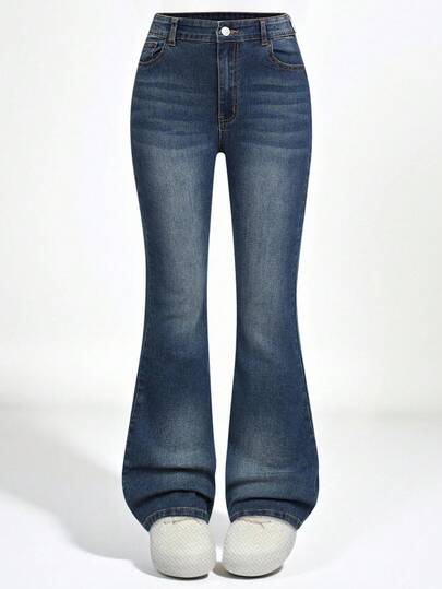 SHEIN Explorewe Y2K-mode mångsidigt tvättade och nödställda utsvängda stretchjeansjeans för tonårsflickor