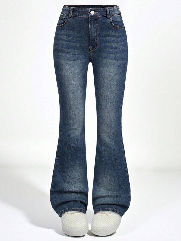 SHEIN Y2K Modne Uniwersalne Sprane i Wytarte Rozkloszowane Jeansy Elastyczne Dla Nastolatek