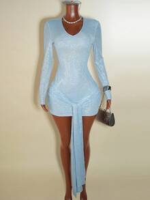Franclia Rainbow Sequin Waist Cinched Party Dress For Women - Blue - View 6