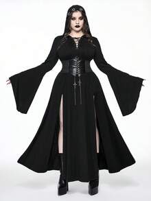 ROMWE Robe longue à capuche de style gothique grande taille avec lien au cou, manches évasées, décoration d'anneau métallique, fentes latérales, robe à capuche longue et sexy, robe gothique grande taille pour l'automne/hiver, robe à capuche tricotée gothique sexy et punk - Noir - Voir 1