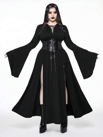 Goth Abito lungo con cappuccio in stile gotico oversize con collo annodato, maniche a sbuffo, decorazione con anelli metallici, spacchi laterali, abito lungo con cappuccio a maniche lunghe sexy, abito gotico oversize autunno/inverno, abito con cappuccio in maglia gotico sexy punk oversize