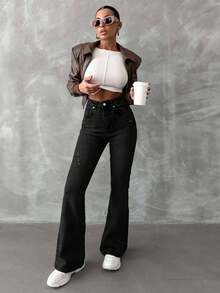 EURMUSE 98%Cotton Women's Flared Ripped Jeans - Black - View 5