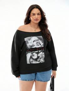 SHEIN EZwear 性感女士图案加大码露肩宽松休闲运动衫，适合秋冬季 - 黑色 - 查看 1