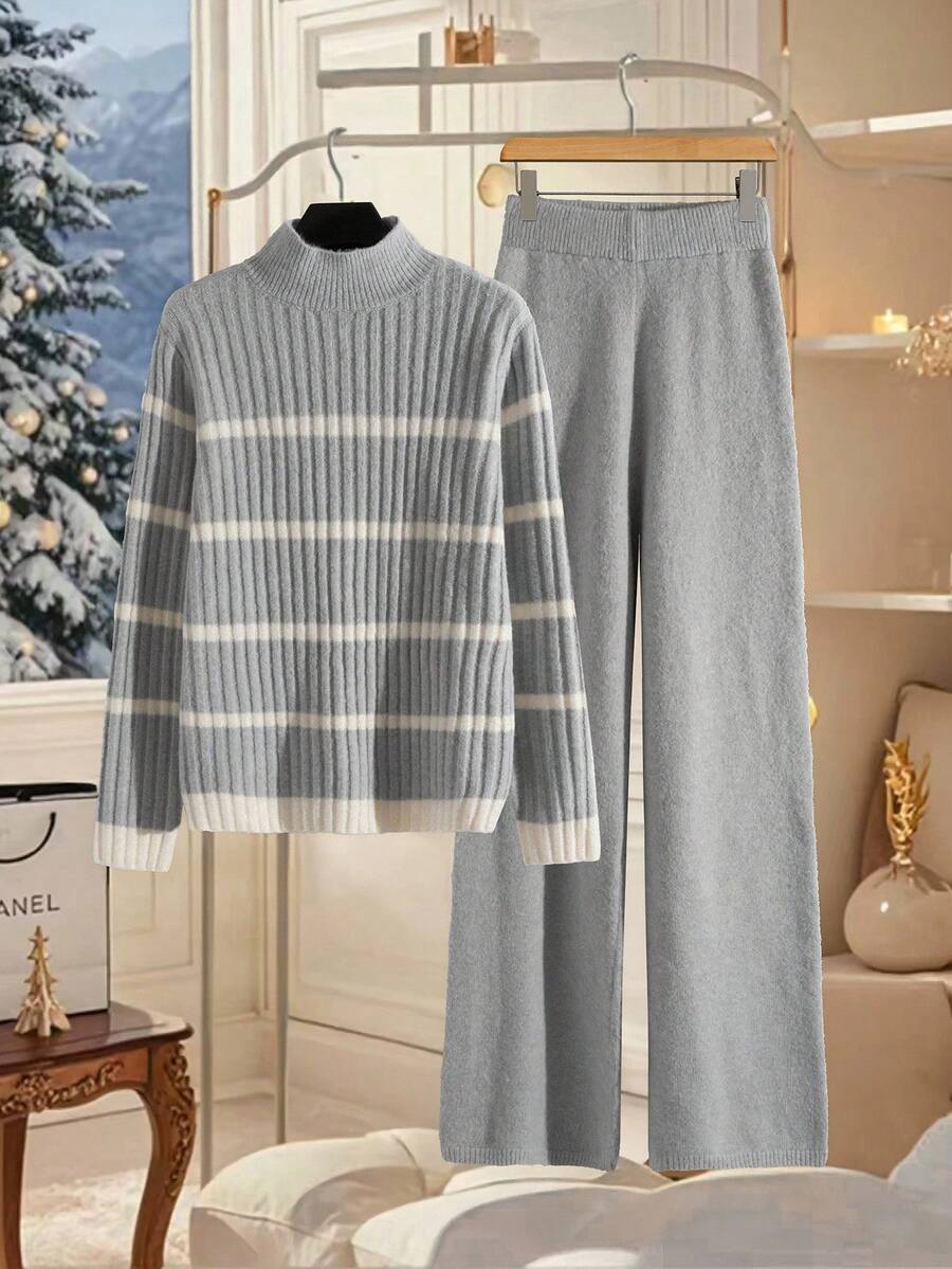 Elenzga 女士条纹立领长袖毛衣和阔腿裤休闲两件套，秋季 - 淺灰色 - 查看 1
