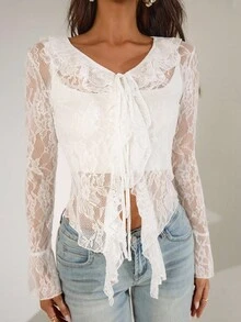 Chiquease 女式休闲蕾丝荷叶边长袖T恤 - 白色 - 查看 3