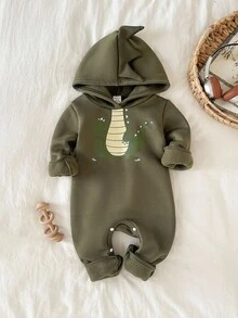 SHEIN 男婴恐龙印花长袖休闲羊毛连帽连体衣 - 彩色 - 查看 1