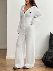 StreetHx 2pcs/Set Women Streetwear Solid Color Casual Hooded Zipper Ribbed Knit Sweater Set - Apricot - View 5