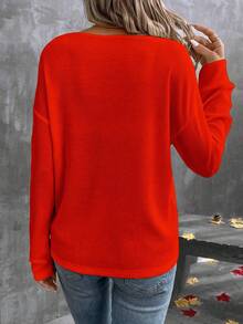 EMERY ROSE 女式休闲纯色V领落肩长袖T恤 - 橘色 - 查看 2