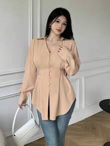 Celisse Camisa de manga larga con cintura ceñida de unicolor casual para mujer, otoño