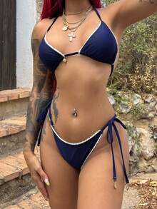 Bearsaez 2pcs Women Sexy Lace Trim Triangle Bikini Set, Simple Strap Tie Up Halter Bikini Set For Summer Beach Vacation - Navy Blue - View 6