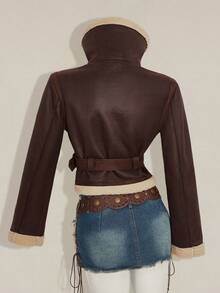 SHEIN ICON 女式仿皮毛内衬复古做旧棕色翻领皮夹克，秋冬款 - 棕色 - 查看 10