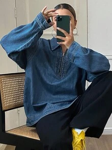 DAZY 女士宽松翻领休闲牛仔衬衫长袖 - 中等水洗藍 - 查看 2