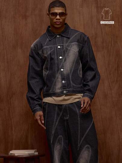 Musero Oversized Boxy Fit Long Sleeve Button Through Denim Jacket Panel Detailing Washed Contrast Stitch Fall/Autumn Winter