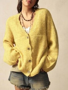 Bohemela Áo khoác ngoài phong cách Boho Thu/Đông, Áo cardigan dệt kim dáng rộng màu mơ cổ điển dành cho nữ, màu trơn, cài khuy phía trước, chất liệu lông xù, kiểu dáng miền Tây, thích hợp cho các buổi hòa nhạc, kỳ nghỉ, đi học, đi chơi, Giáng sinh và Năm mới. - Màu vàng ngỗng - Xem 3