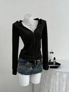 Elamini Women's Velvet Slim Fit Zip-Up Sweatshirt, Long Sleeve Sweatshirt For Autumn/Winter - Black - View 1