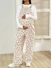 SHEIN 孕妇蝴蝶结印花时尚无袖连体裤 - 卡其色 - 查看 4