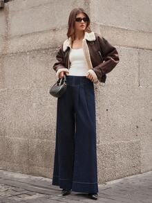 Selenza 女式纯色简约日常牛仔裤 - 深色水洗藍 - 查看 1