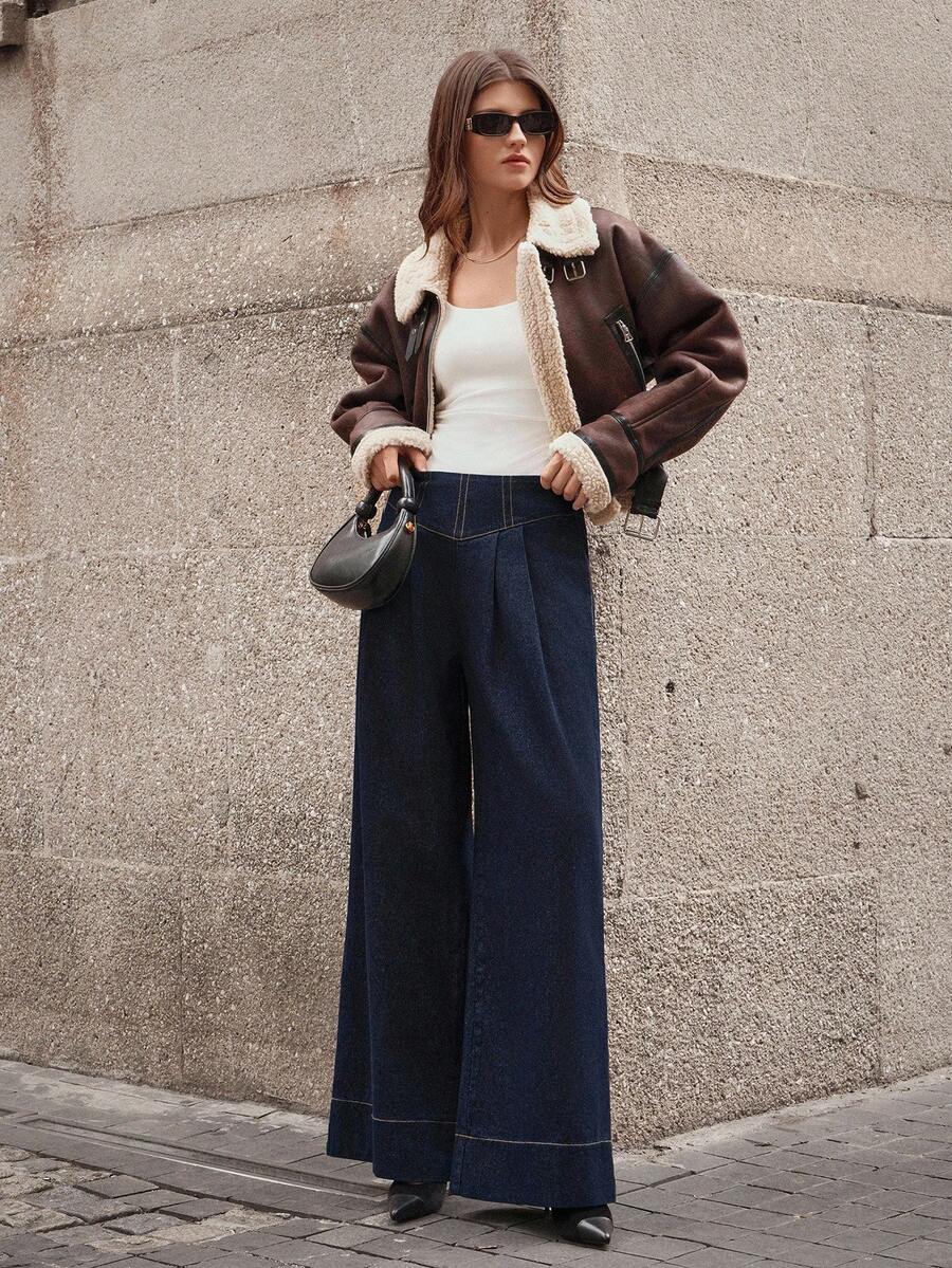 Selenza 女式纯色简约日常牛仔裤 - 深色水洗藍 - 查看 1