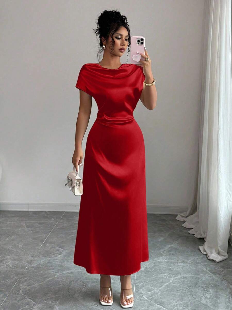 Rafferiza 女士优雅约会/通勤高领系带缎面短袖连衣裙 - 紅色 - 查看 1