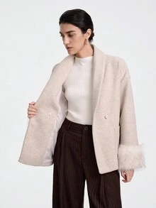 SHEIN LUNE 女士通勤高端毛绒袖口宽松腰部外套 - 卡其色 - 查看 7