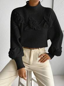 Almamuse Áo len chui đầu cổ lọ dệt kim họa tiết hoa 3D rộng rãi màu trơn đơn giản dành cho nữ - màu đen - Xem 5