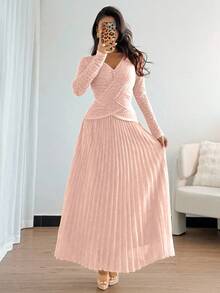 Rafferiza 女式优雅V领装饰纽扣纯色交叉褶边连衣裙 - 粉色 - 查看 4