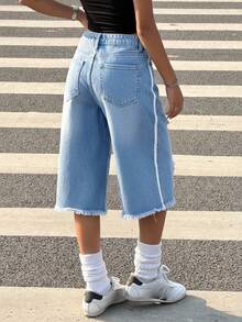 SHEIN ICON 女式做旧纯色磨边休闲牛仔短裤 - 中等水洗藍 - 查看 2