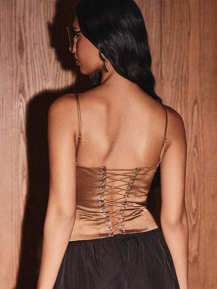 KIZN Satin Corset Top With Lace Up Back