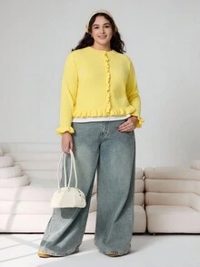 Solflare Cárdigan de talla grande de color liso con volantes, informal para otoño/invierno - Amarillo Mostaza - Ver 4
