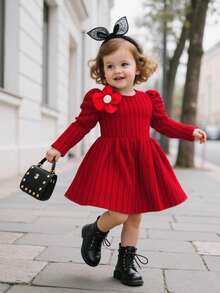 Elladie kids Baby Girls 3D Floral Decor Red Elegant Long Sleeve Dress,Autumn/Winter Christmas Outfits Princess Halloween Party Dresses For Vacation - Red - View 1
