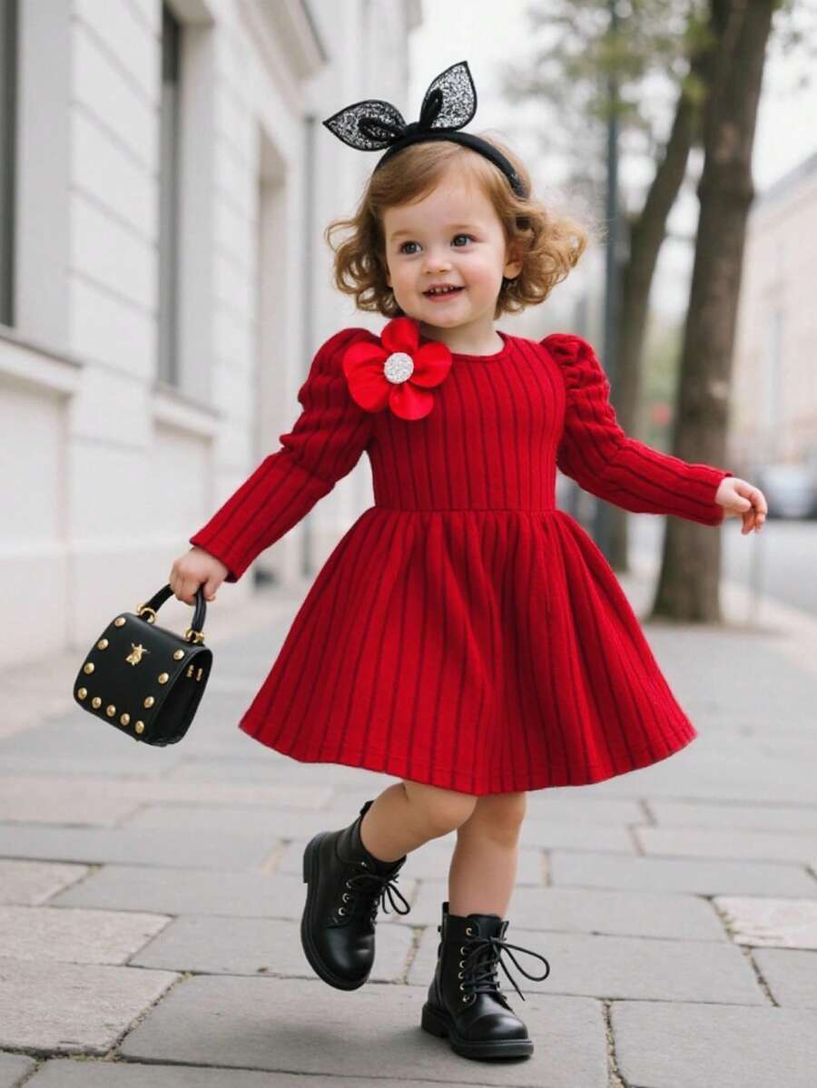 Elladie kids Baby Girls 3D Floral Decor Red Elegant Long Sleeve Dress,Autumn/Winter Christmas Outfits Princess Halloween Party Dresses For Vacation - Red - View 1