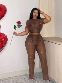 Slaydiva Bộ 2 món tay ngắn phối lưới đen lấp lánh gợi cảm ngày lễ tình nhân Slayr Plus - màu nâu - Xem 3