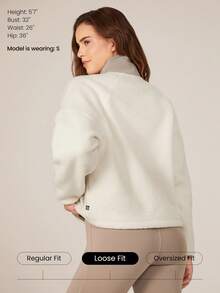 GLOWMODE Cozy Medium Polar Fleece Soft Warm Loose Adjustable Drawstring Hem Two-Tone Jacket Sweatshirt With Side Pockets Daily Casual Fall Winter - Beige - View 2