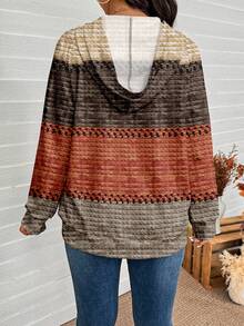 SHEIN LUNE Plus Size Women's Brown Autumn Boho Hiking Thanksgiving Maillard Color Striped Print Casual Loose Fit Hooded Long Sleeve Sweatshirt Fall Tops - Multicolor - View 2