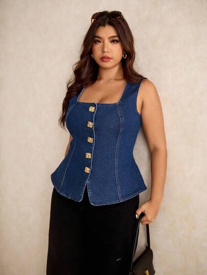 Elaquor Áo denim cổ vuông không tay màu xanh đậm cỡ lớn, trang trí khóa kim loại, phong cách Pháp thanh lịch, thoải mái, co giãn