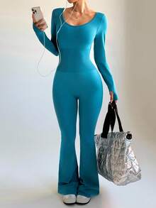 SHEIN Sports Solid Color Backless Fitted Long Sleeve Jumpsuit - Dark Wash - View 2