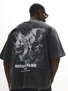 SUMWON The Royal Atelier Vintage Washed Cotton Tee Oversized Fit Renaissance Angel Art Print Medieval Graphic Gothic Streetwear Fashion Aesthetic - Black - View 1