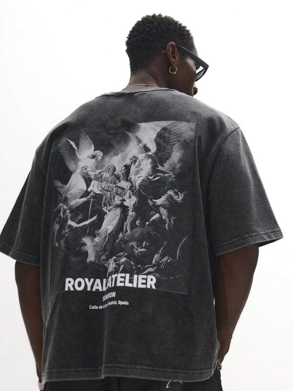 SUMWON La camiseta de algodón lavado vintage de ajuste sobredimensionado de The Royal Atelier con estampado de arte renacentista de ángel, diseño medieval, moda gótica y estética callejera, camisetas gráficas para hombres, camisetas de uso callejero, camisetas de hombre de uso callejero, camisetas de rapero para hombres