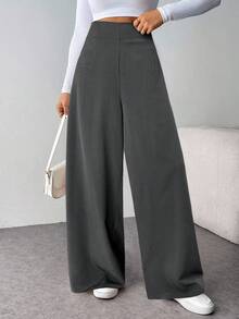 SHEIN Tall CURVE 大码女式简约休闲时尚高腰纹理阔腿裤 - 深灰色 - 查看 3