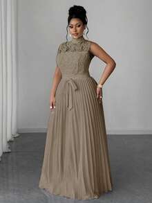 Maweii 大码女式中式立领无袖优雅蕾丝褶边下摆束腰中长连衣裙 - 卡其色 - 查看 5