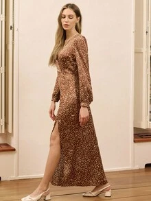 lacRébo Đầm Maxi Họa Tiết Động Vật Màu Nâu Cổ Chữ V Tay Dài Kiểu Quấn Có Eo Ôm - màu nâu - Xem 6