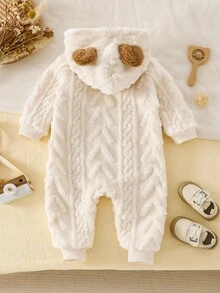 SHEIN 女婴可爱休闲针织提花羊毛连帽连体衣，秋冬 - 米色 - 查看 2