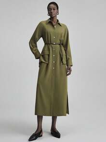 Ontre Urban Chic Style, Minimalist Comfort, Olive Green, Women's Long Dress, Flared Skirt, Stand Collar, Waist Cinched, Patch Pockets, Casual Dress, Relaxed Fit, Autumn Wear, Back To School, Business Casual, Commuter Outfit, 2025 New Arrival Modern Urban Casual Fashion Business Casual Women's Office Wear Low-Key Old Money Style Effortless Temperament High-End Urban Commuting High-Quality Airport Women's Wear High-End Material