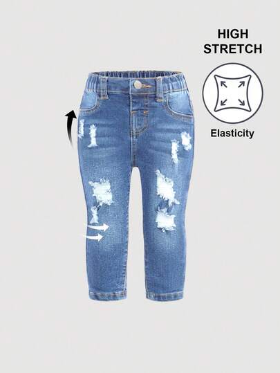 SHEIN 日常休闲蓝色弹力破洞女婴牛仔裤