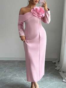 Modelyn Plus Size Women's Romantic Pink 3D Rose Shoulder Decor Asymmetric Long Sleeve Dress, Suitable For Gala, Party, Evening Events