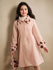 Girls' Solid Color Mid-Length Overcoat With Fur Collar, Single-Breasted, Contrast Color Cuffs, Elegant And Charming, Autumn/Winter - Multicolor - View 5