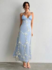 Aloruh Đầm thêu cổ chữ V sâu thanh lịch, quyến rũ, ôm sát, eo cao, lãng mạn dành cho nữ - Màu xanh nhạt - Xem 4